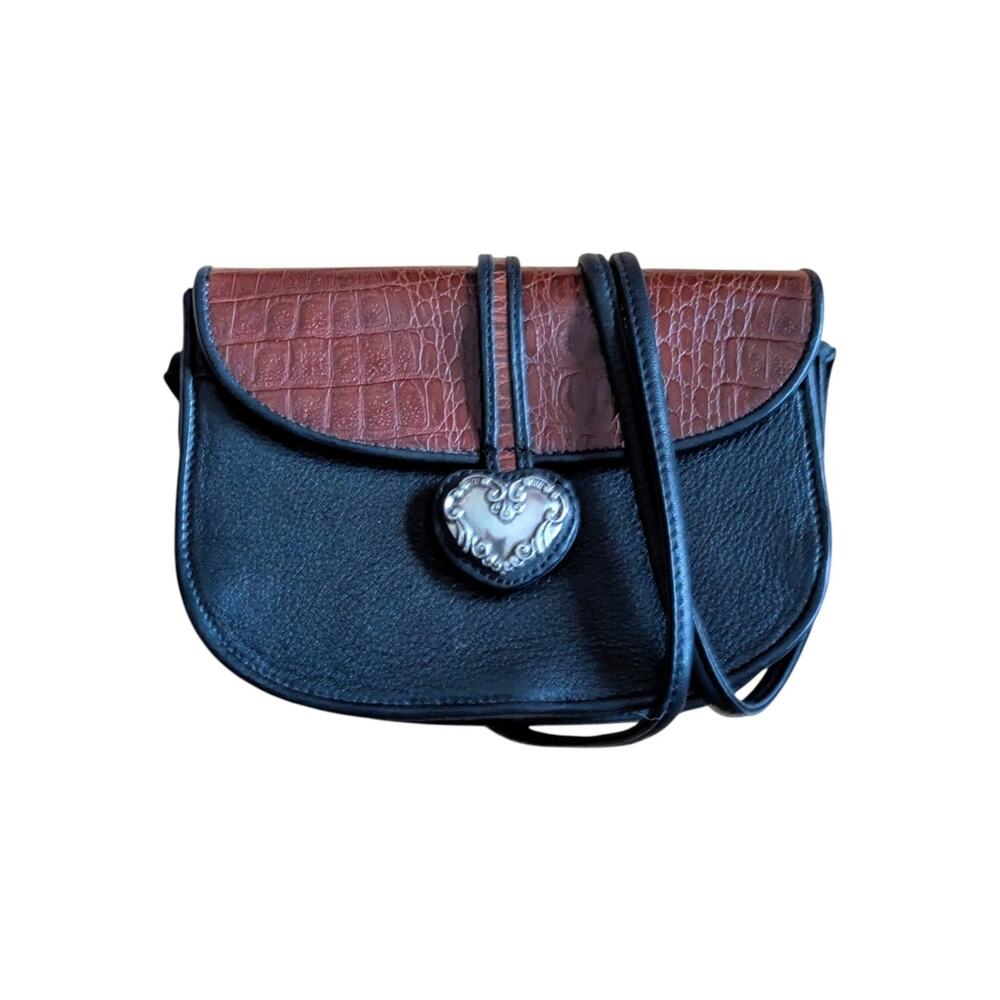 Brighton One World Brown Black Leather Two Tone Crossbody Purse Bag Heart 90s